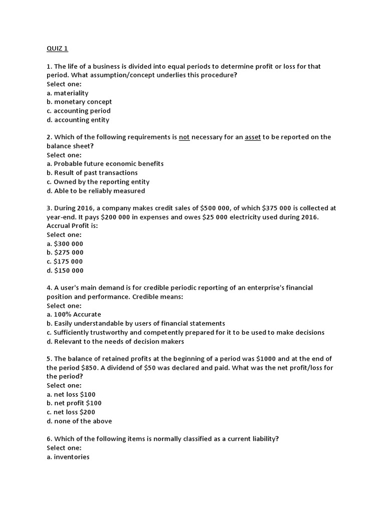 Accounting Concepts Quiz Questions | PDF | Debits And Credits | Bad Debt