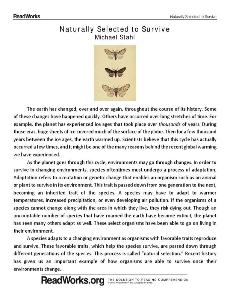 Naturally Selected To Survive 1110 Passage and Questions | PDF ...