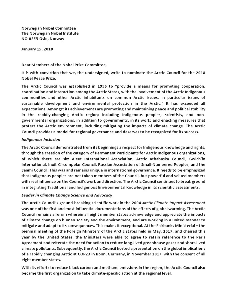Arctic Council: Nobel Peace Prize Nomination | PDF | Arctic | Science