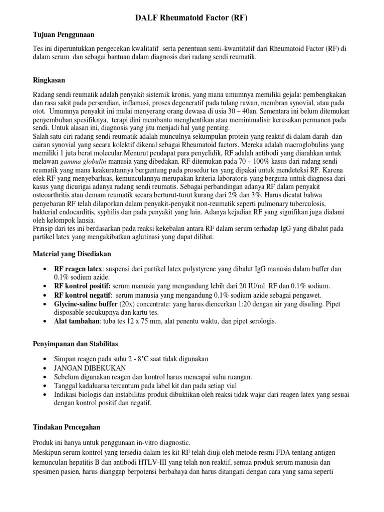 Panduan Tes Rheumatoid Factor RF | PDF