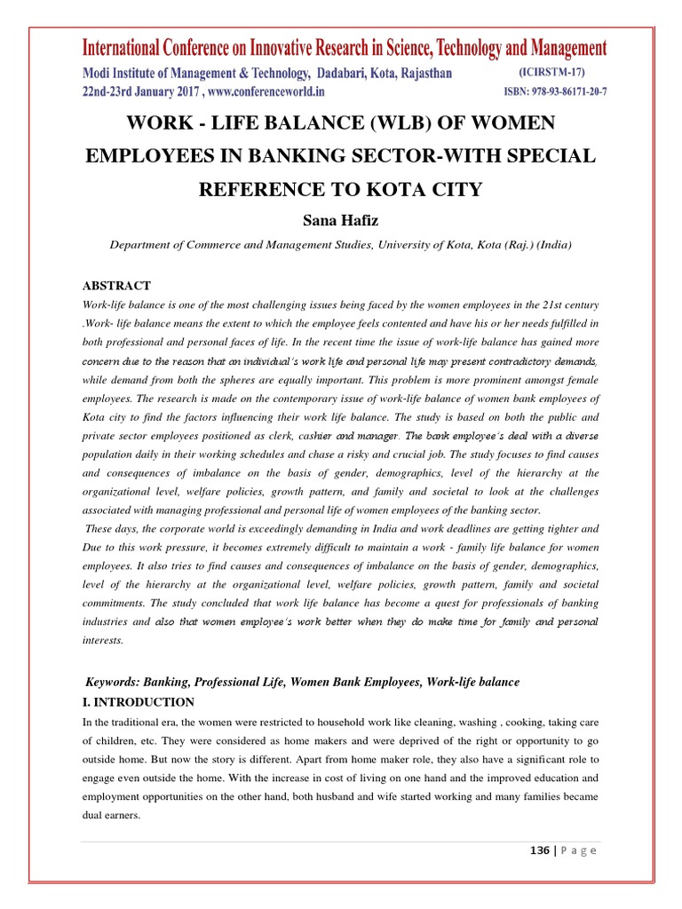 Work - Life Balance (WLB) of Women Employees in Banking Sector-With ...