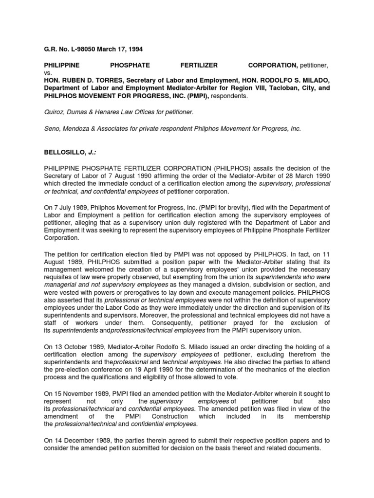 Philphos Labor Certification Election Case | PDF | Trade Union | Employment