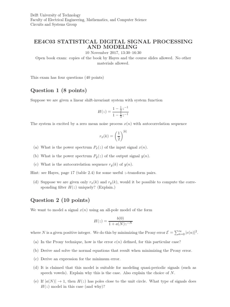 Statistical Digital Signal Processing and Modeling Exam November 2017