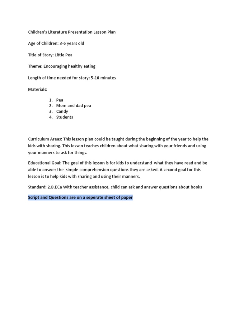 Lesson Plan For Story Book | PDF | Wellness