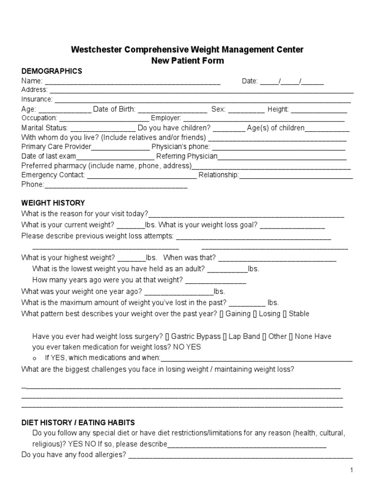 Westchester Weight Management Intake Form | PDF | Weight Loss ...