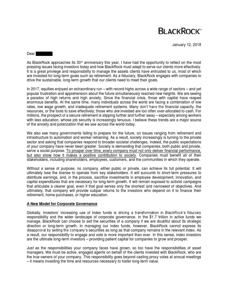 Larry Fink's Letter To CEOs 2018 en PDF Strategic Management Investor