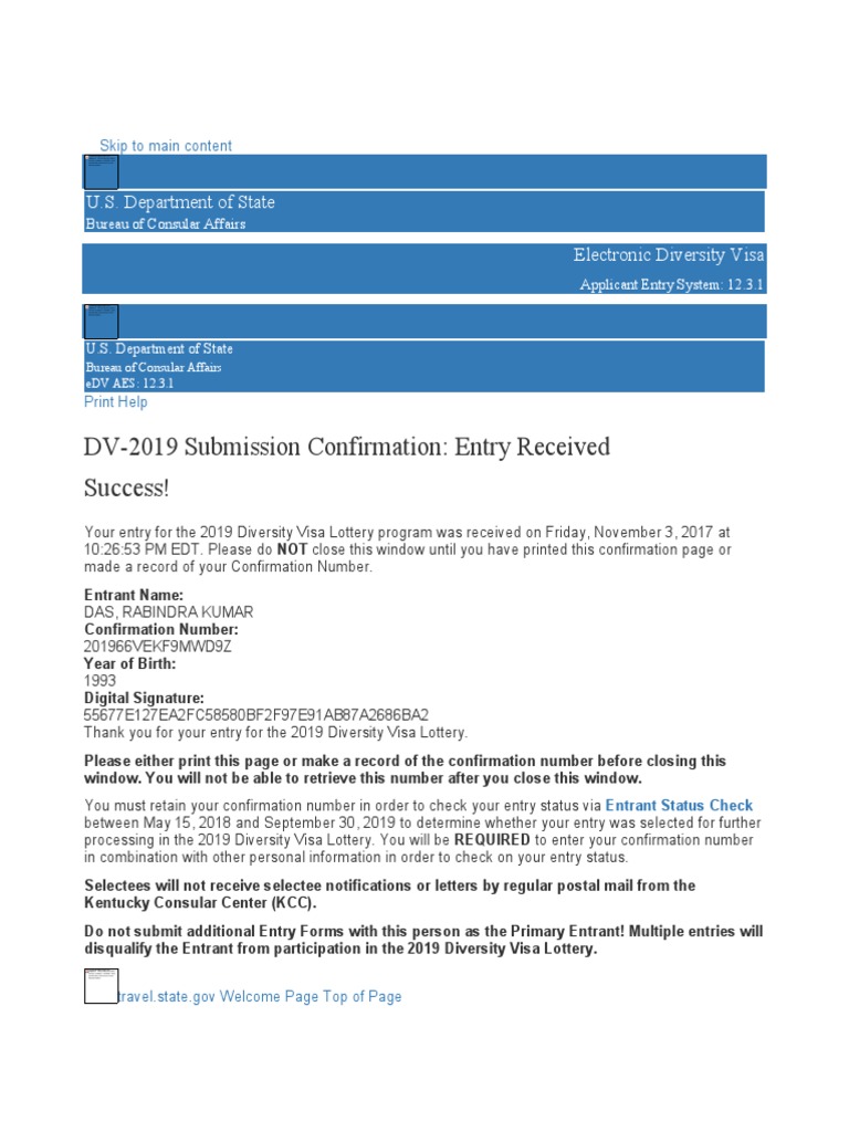 DV-2019 Entry Confirmation Details | PDF | Travel Visa | Computer File