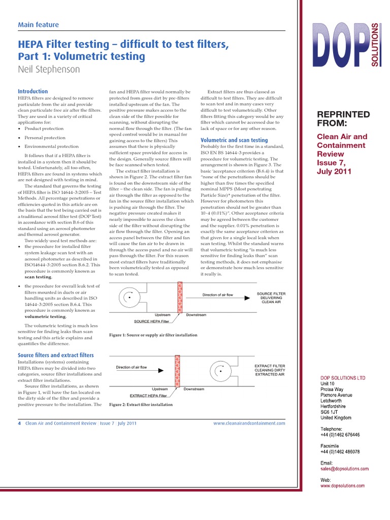 HEPA Filter Integrity Testing Methods | PDF | Duct (Flow) | Chemistry