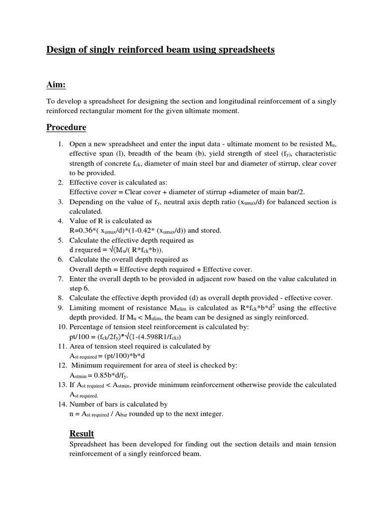 Design Of Singly Reinforced Beam Using Spreadsheets Beam Structure Spreadsheet