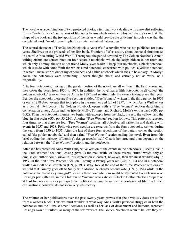 The Golden NotebookSummary Novelists Doris Lessing