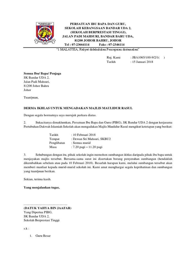 Surat Memohon Kebenaran Ppd Majlis Maulidur Rasul