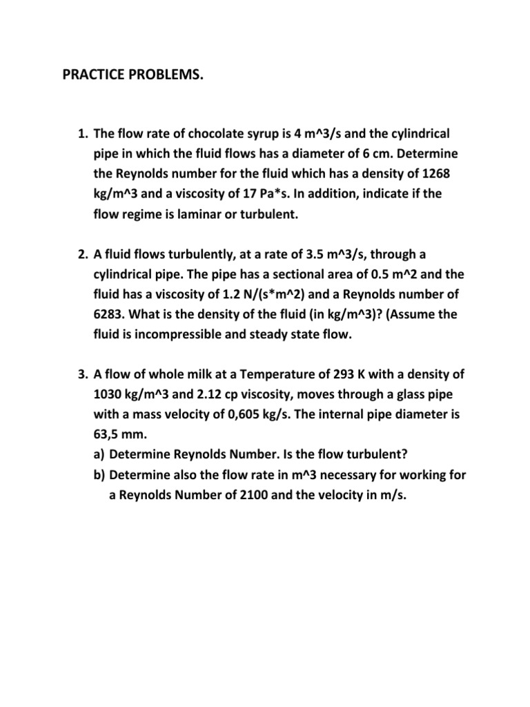 Reynolds Number Practice Problems | PDF