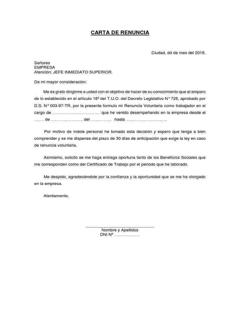 Modelo de Carta de Renuncia Voluntaria