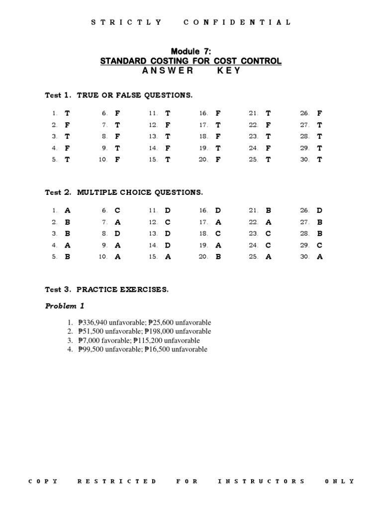 Answer Key Module 7 Standard Costing For Cost Control 2018 Ed Pdf