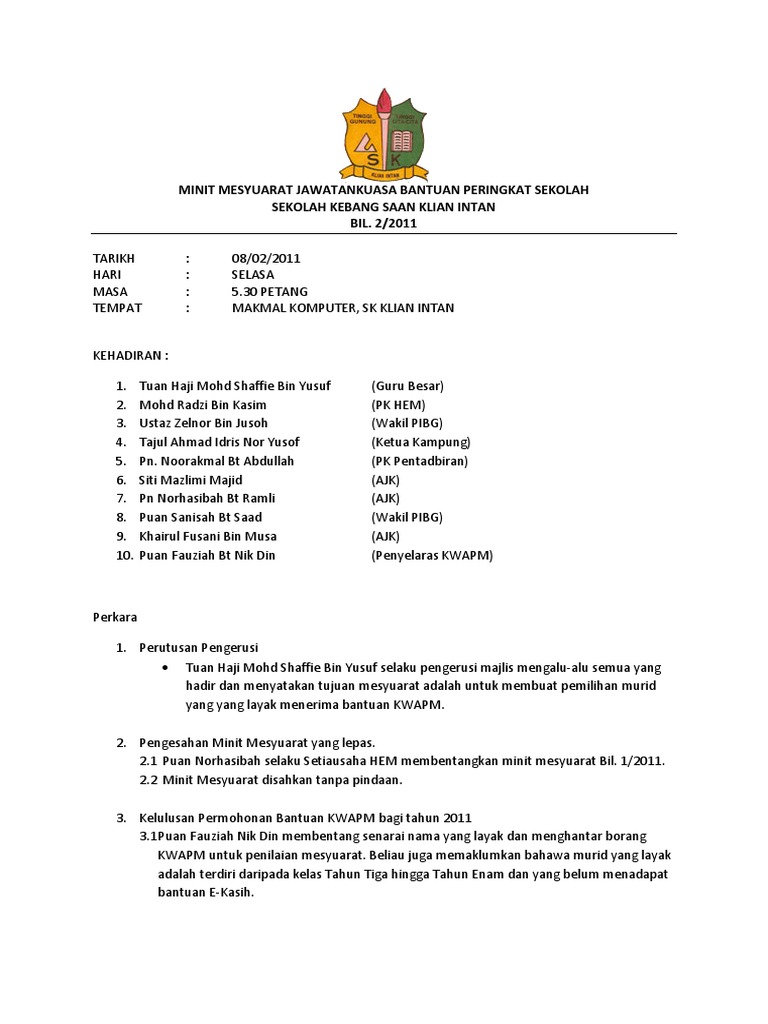 Minit Mesyuarat Jawatankuasa Bantuan Peringkat Sekolah Pdf