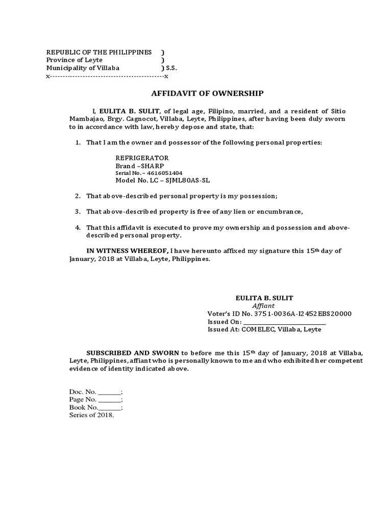 Affidavit of Ownership for Refrigerator | PDF | Affidavit | Evidence