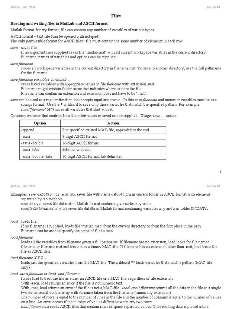 Files Reading and Writing Files in Matlab and Ascii Format PDF