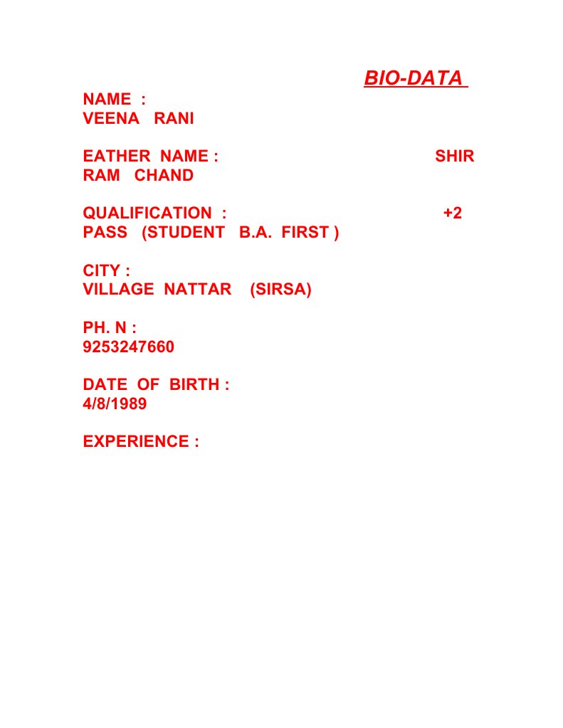 Veena Rani's Bio-Data Summary | PDF