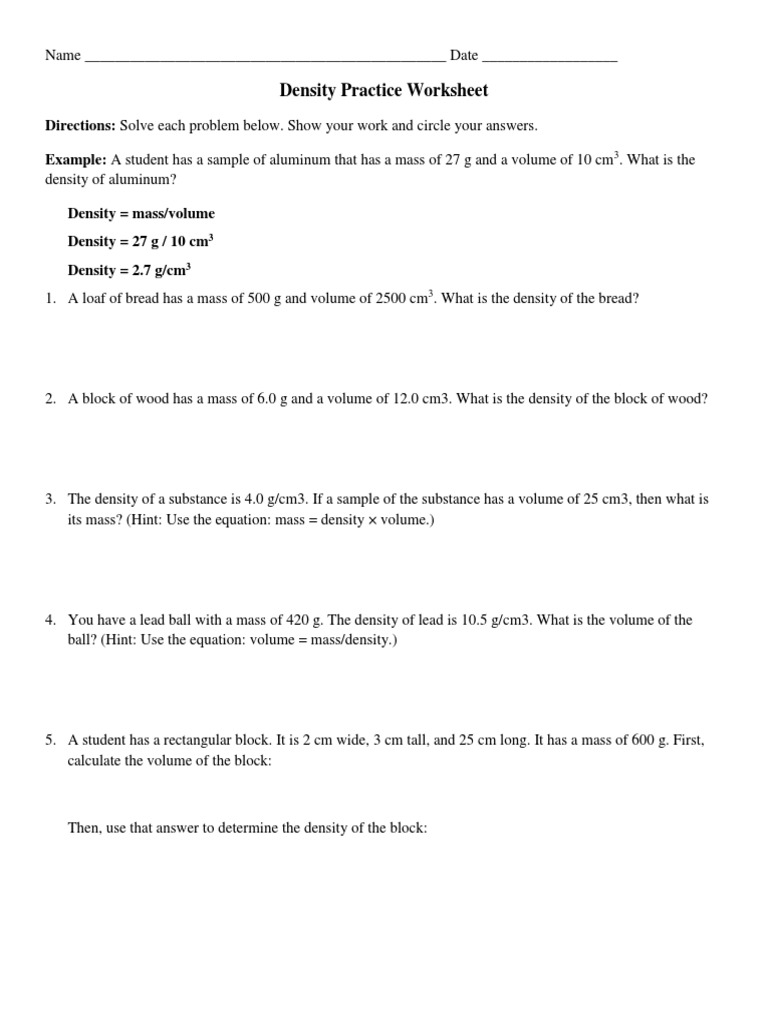 Density Practice Worksheet Density Volume
