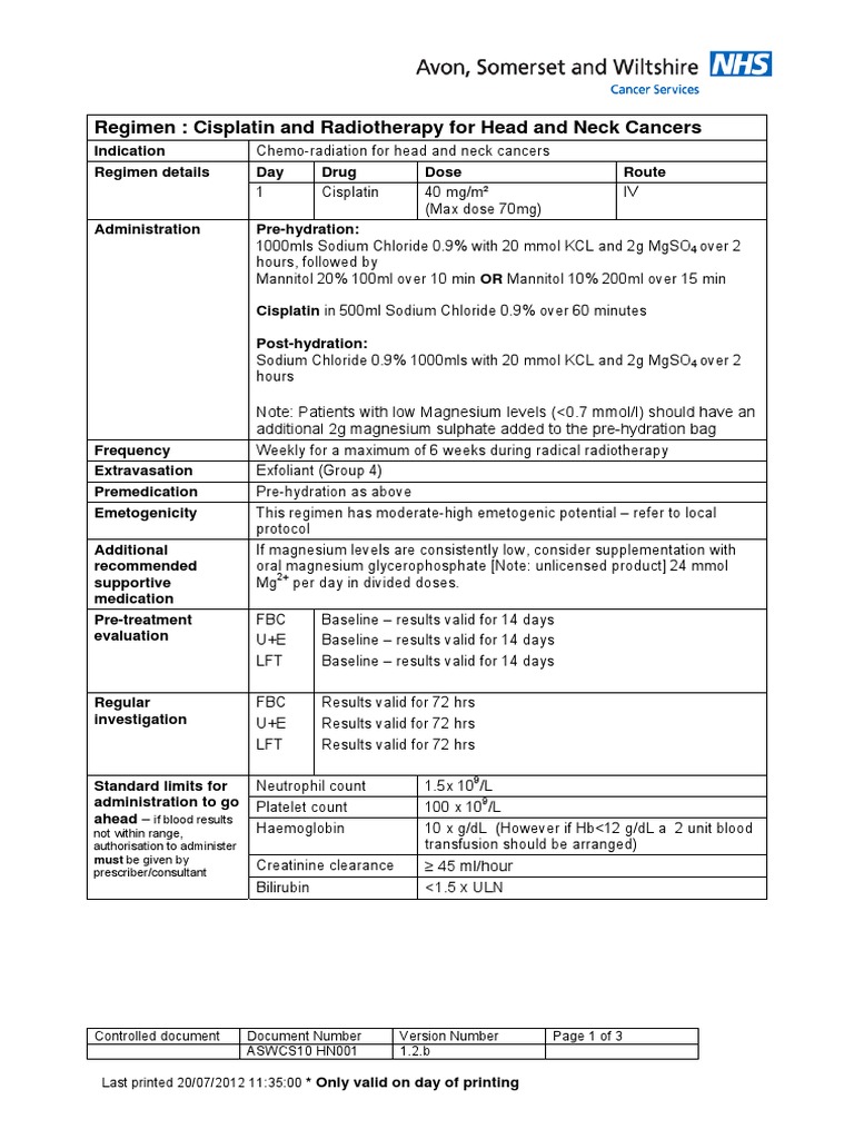 Cisplatin Regimen for Head & Neck Cancer | PDF | Head And Neck Cancer ...