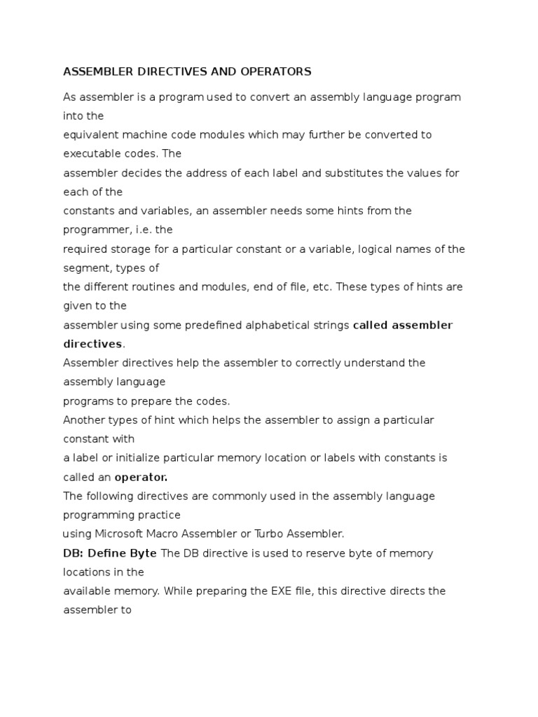 Assembler Directives and Operators Assembly Language Data Type