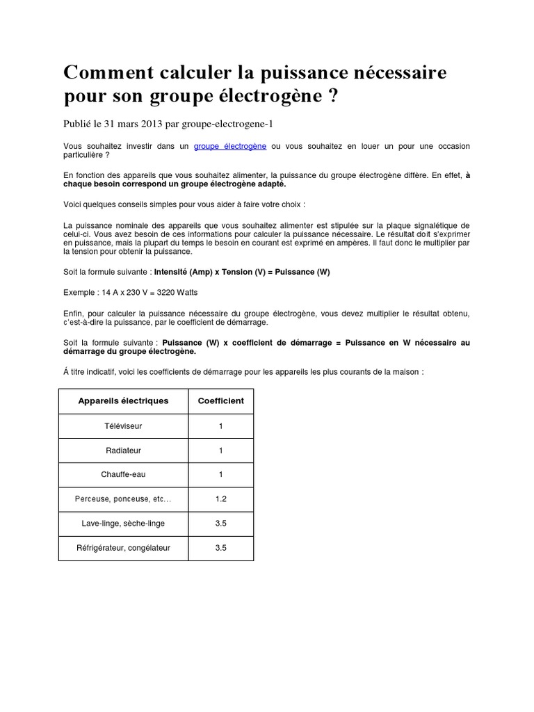 Calcul de puissance pour groupe électrogène PDF Sciences et — free download