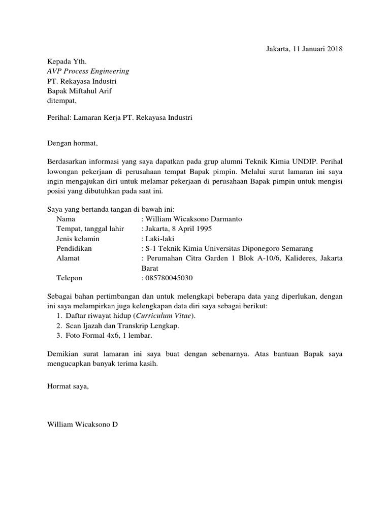 Surat Lamaran Kerja William Wicaksono