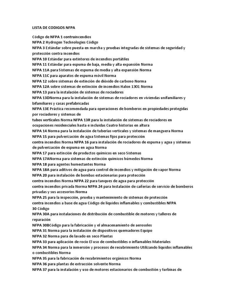 Lista de Codigos Nfpa | PDF | Gas natural licuado | Bombero