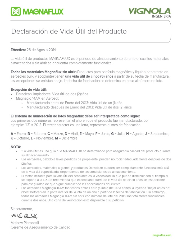 Magnaflux Shelf Life Statement Espanol Business