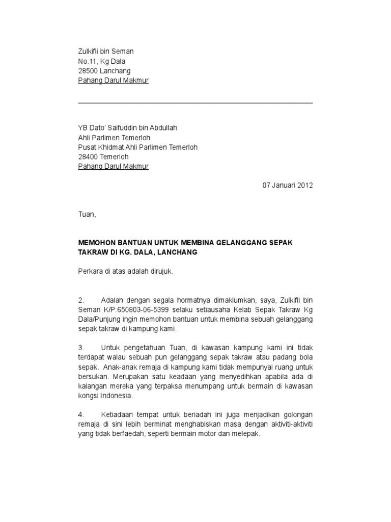 Contoh Surat Memohon Peruntukan Membuat Gelanggang Silat