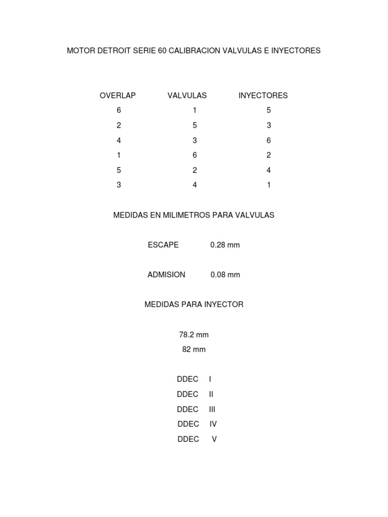 Motor Detroit Serie 60 Calibracion Valvulas e Inyectores PDF Motores Máquinas rotativas
