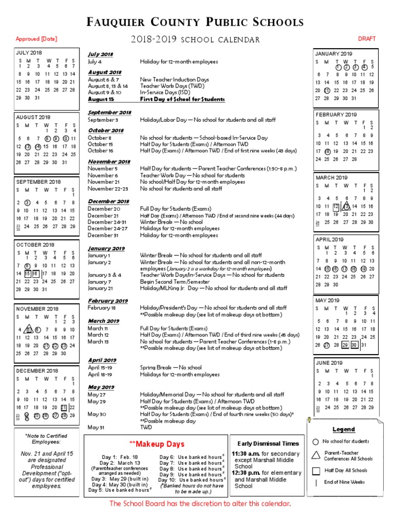 School Calendar 20182019 Draft Holidays Observances