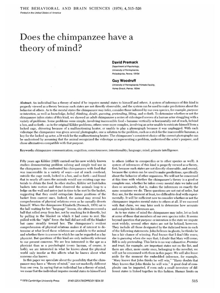 Premack and Woodruff 1978 PDF | PDF | Theory Of Mind | Chimpanzee