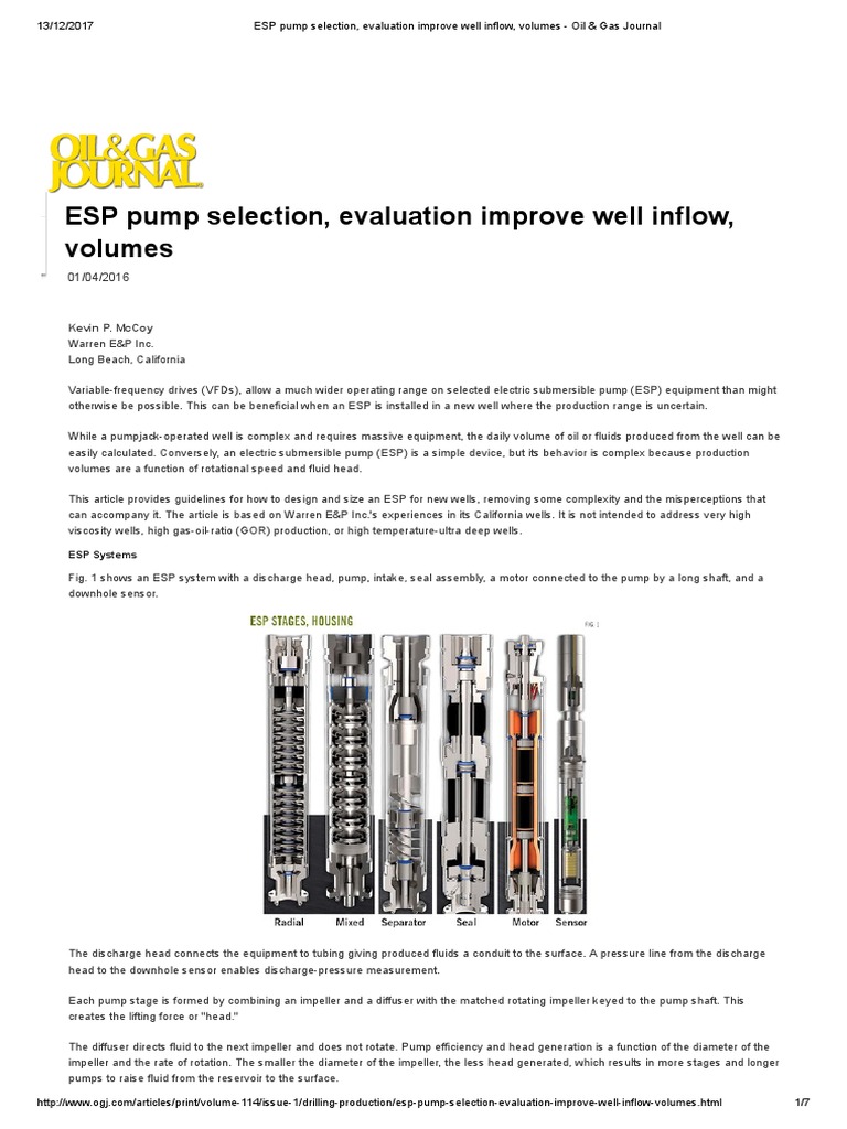 ESP Pump Selection, Evaluation Improve Well Inflow, Volumes Oil & Gas