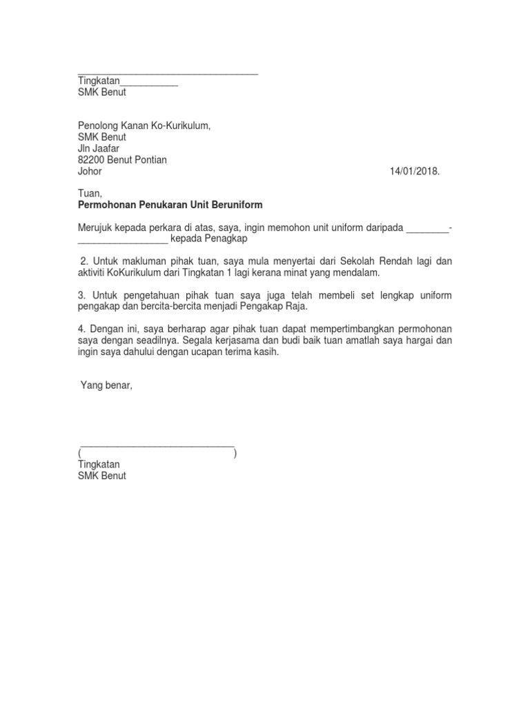 Contoh Surat Rasmi Pertukaran Unit Beruniform - RileytaroMcintosh