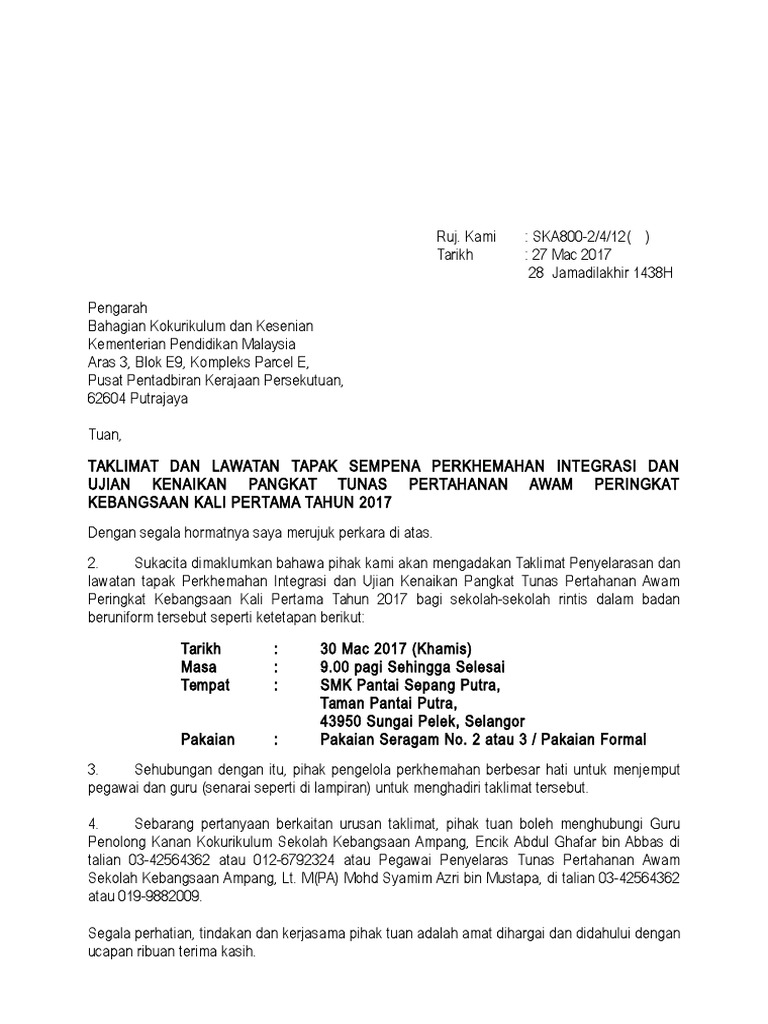 Contoh Surat Makluman Perkhemahan Kepada Polis