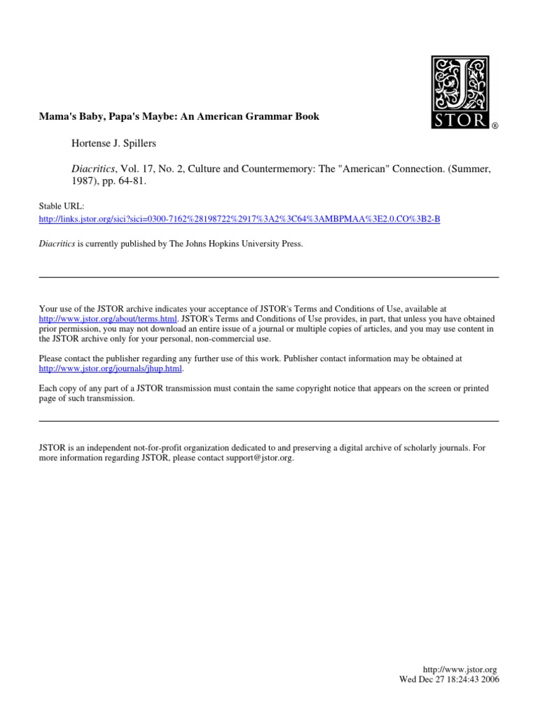 Spillers Mama's Baby, Papa's Maybe An American Grammar Book PDF