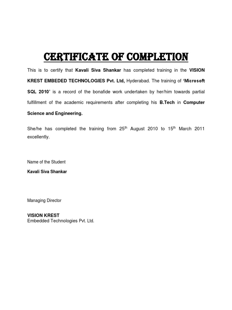 Certificate of Completion: SQL Training | PDF