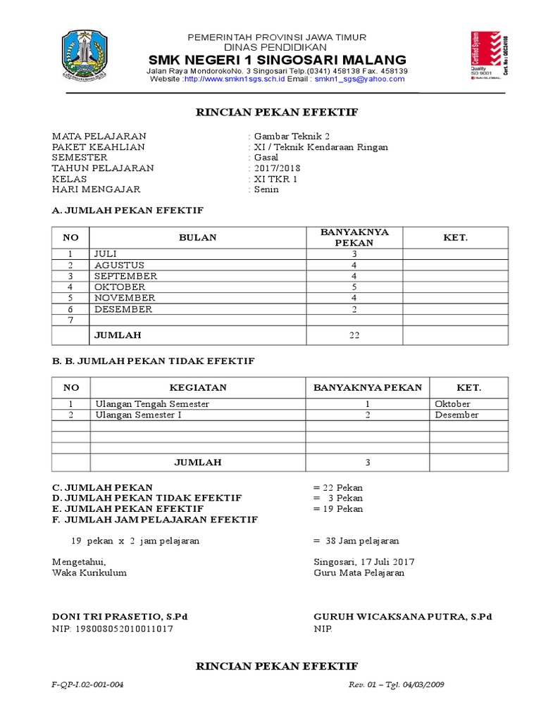 Rincian Pekan Efektif SMK TKR 2017/2018 | PDF