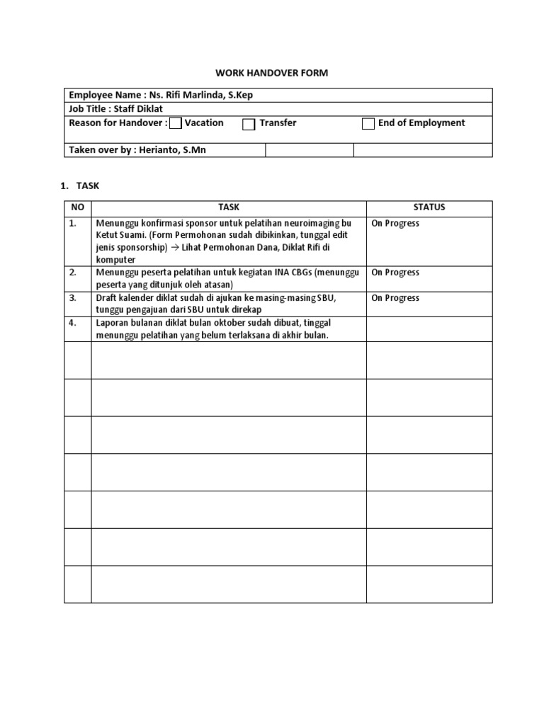 Formulir Handover Pekerjaan Karyawan | PDF | Karier & Perkembangan