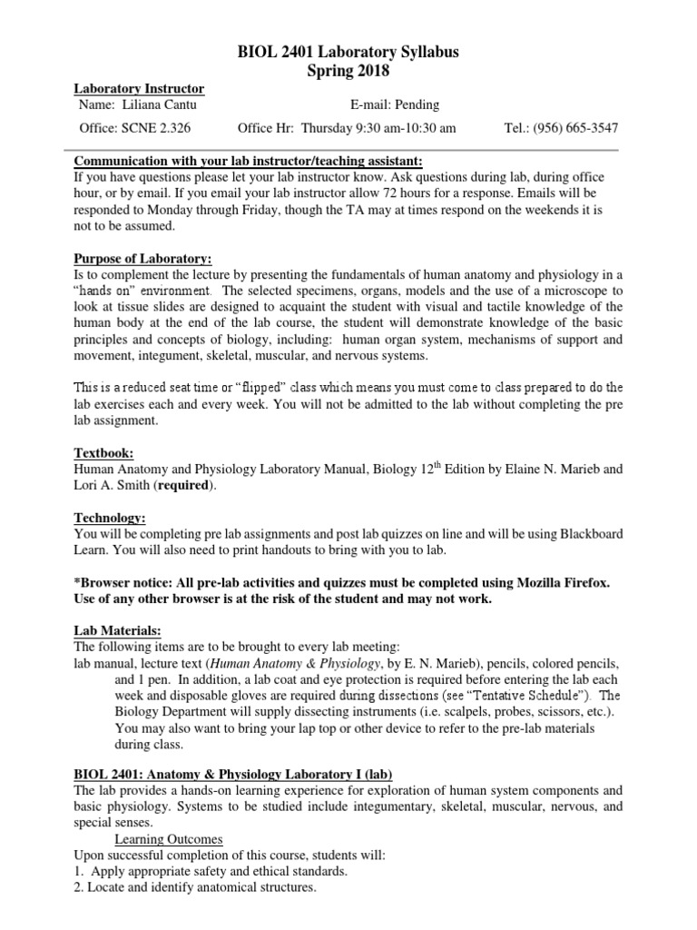 A&P 2401 Lab Syllabus Laboratories Critical Thinking