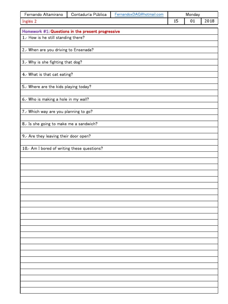 Present Progressive Homework Questions | PDF
