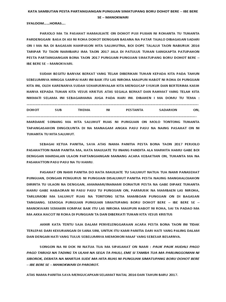 Kata Sambutan Pesta Partangiangan Punguan Simatupang Boru Dohot Bere
