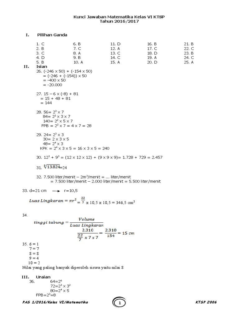 Kunci Jawaban Matematika Kelas 6