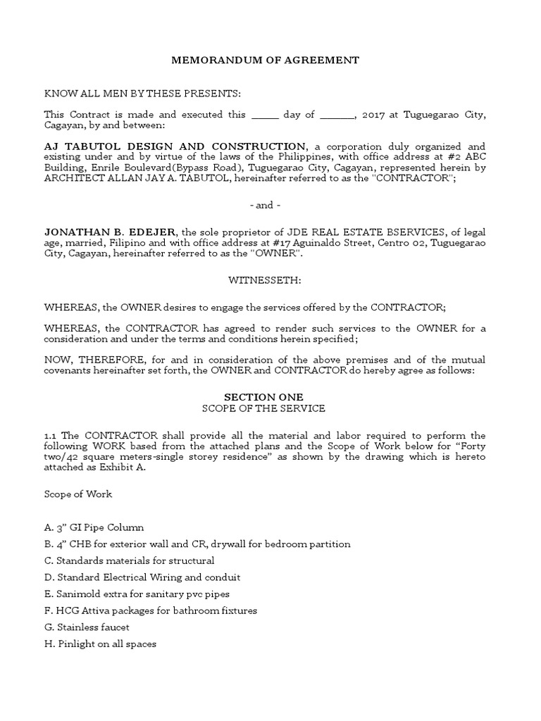 Moa-Contract For Services | PDF | Tile | Building Engineering