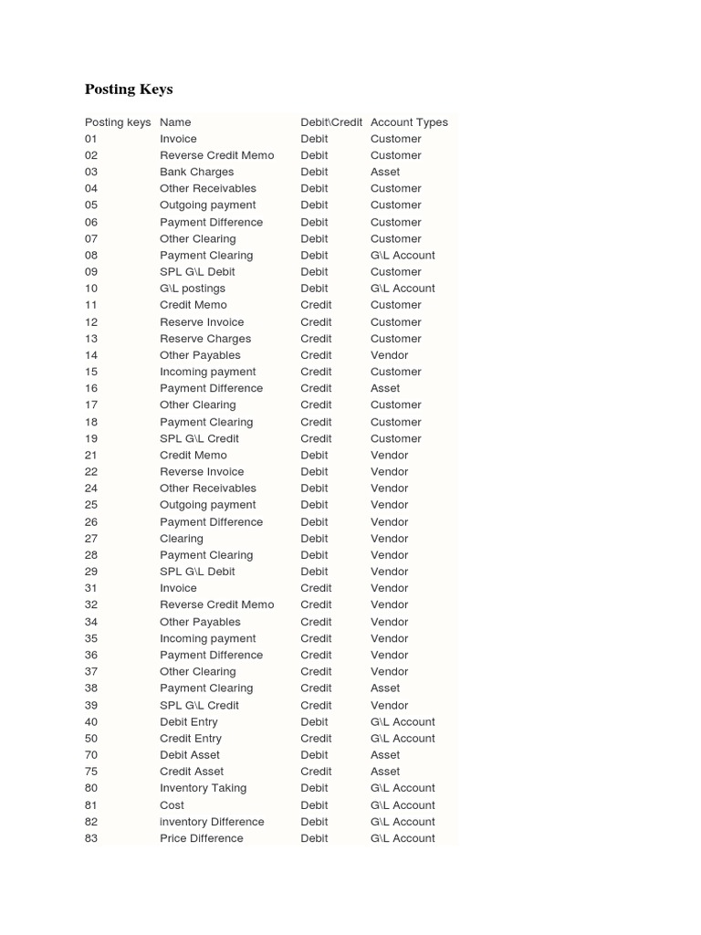 Posting Keys Clearing (Finance) Debits And Credits