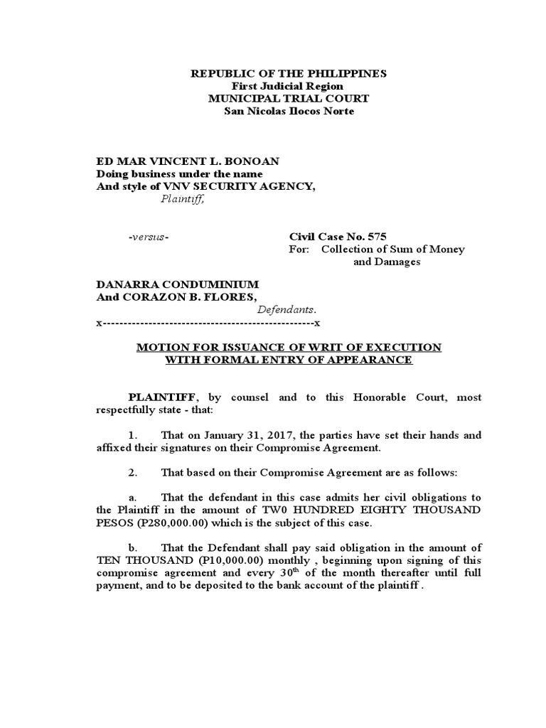 Motion For Writ of Execution-Dannara | PDF | Lawsuit | Social Institutions