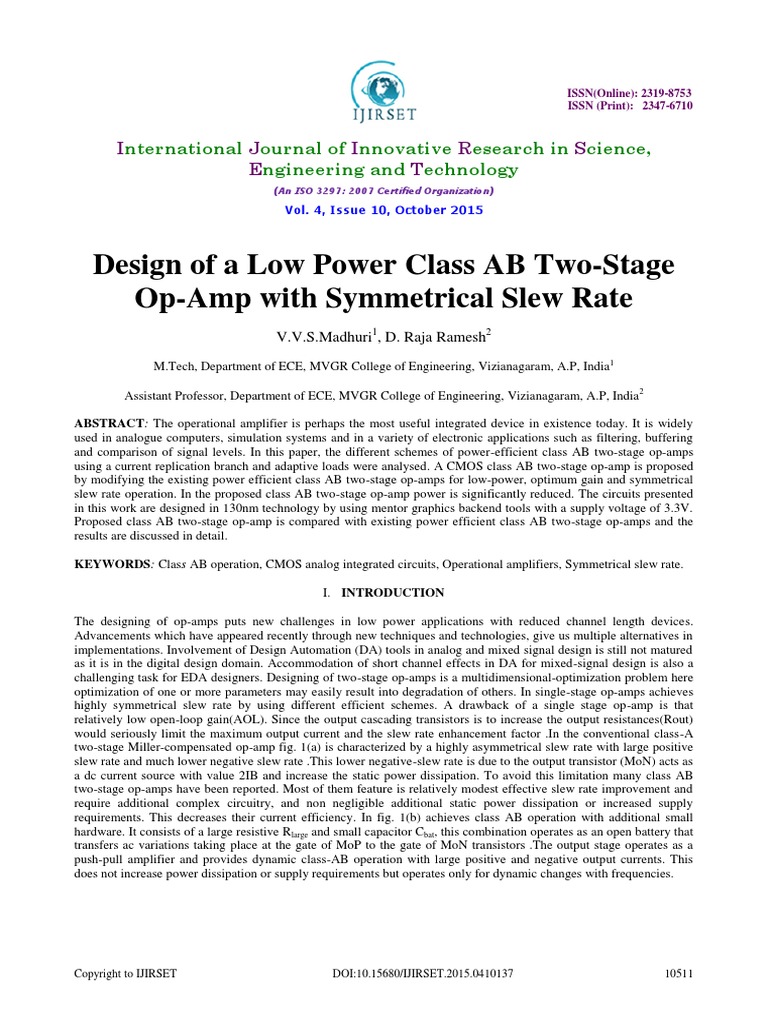 Design of A Low Power Class AB TwoStage OpAmp With Symmetrical Slew Rate PDF Operational