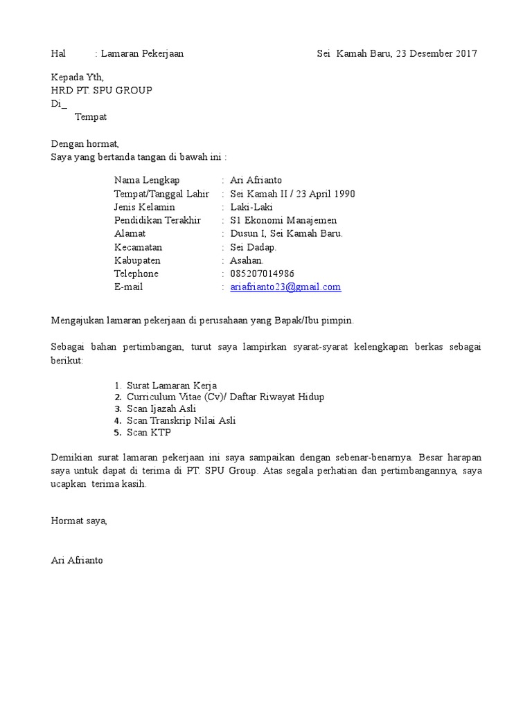 Surat Lamaran Pt Spu Group