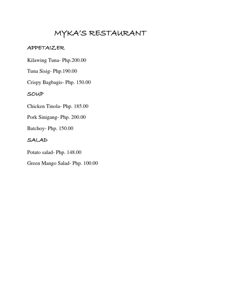 MYKA's Restaurant Menu and Prices | PDF